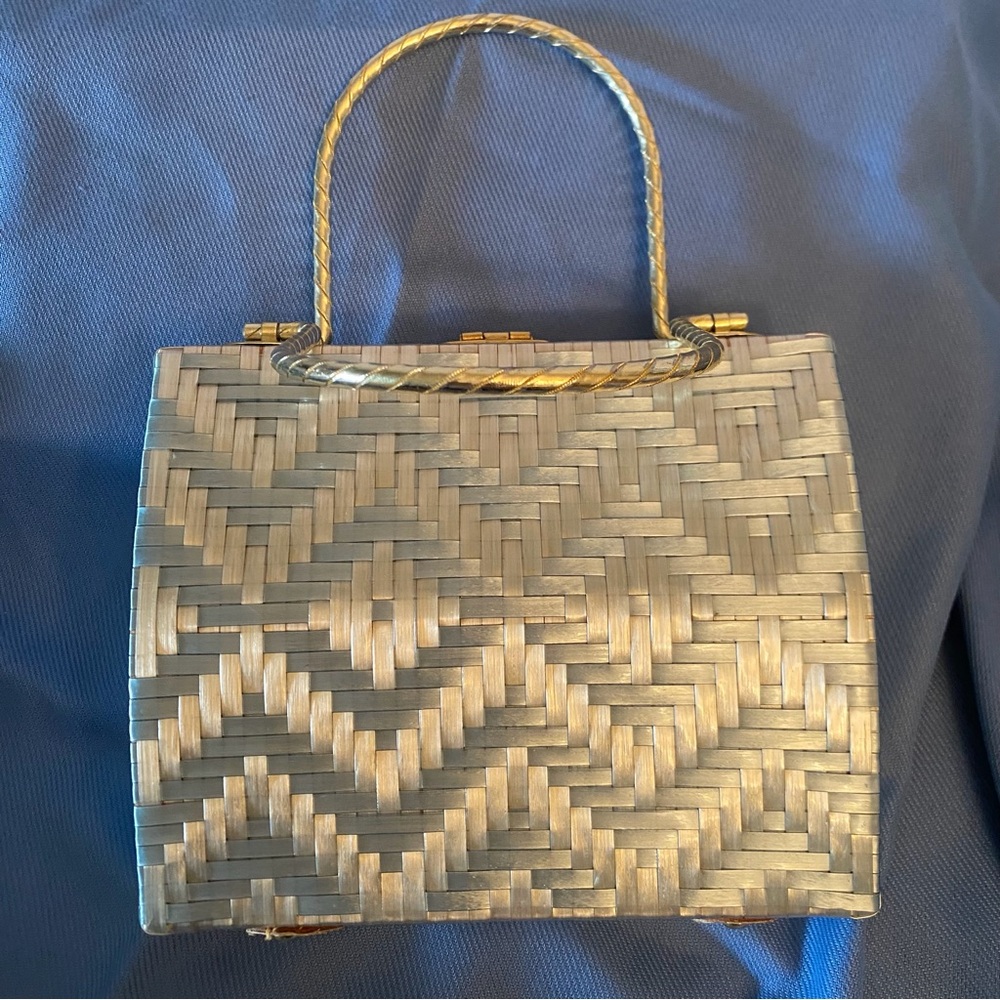 Vintage woven blue & silver purse gold accent handle and clasp made in Hong Kong